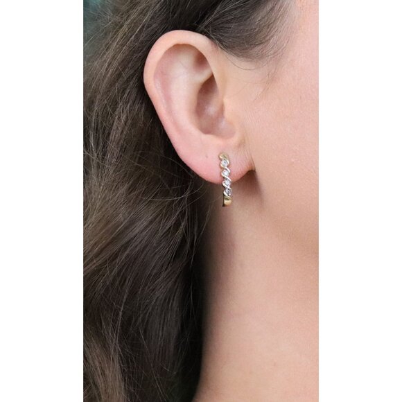 10k Yellow Gold Diamond Half Hoop Earrings 3/4" x 1/4" - Picture 5 of 9